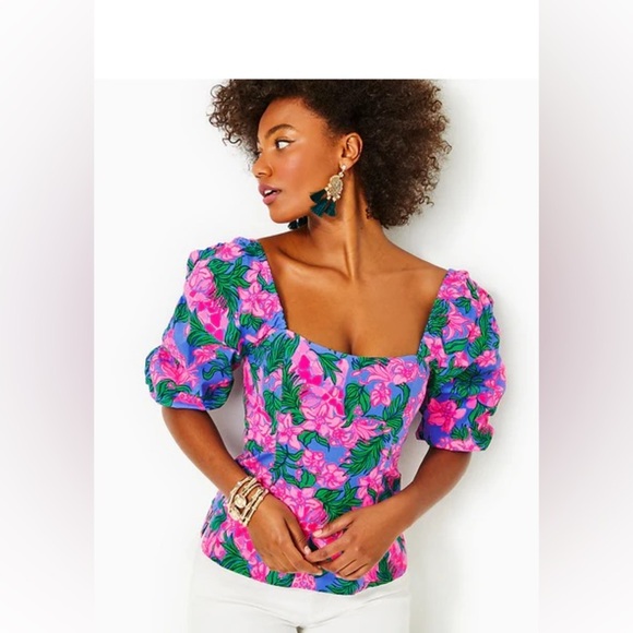 Lilly Pulitzer Tops - Lilly Pulitzer Bitsy stretch cotton top cerise pink safari sunset floral 10